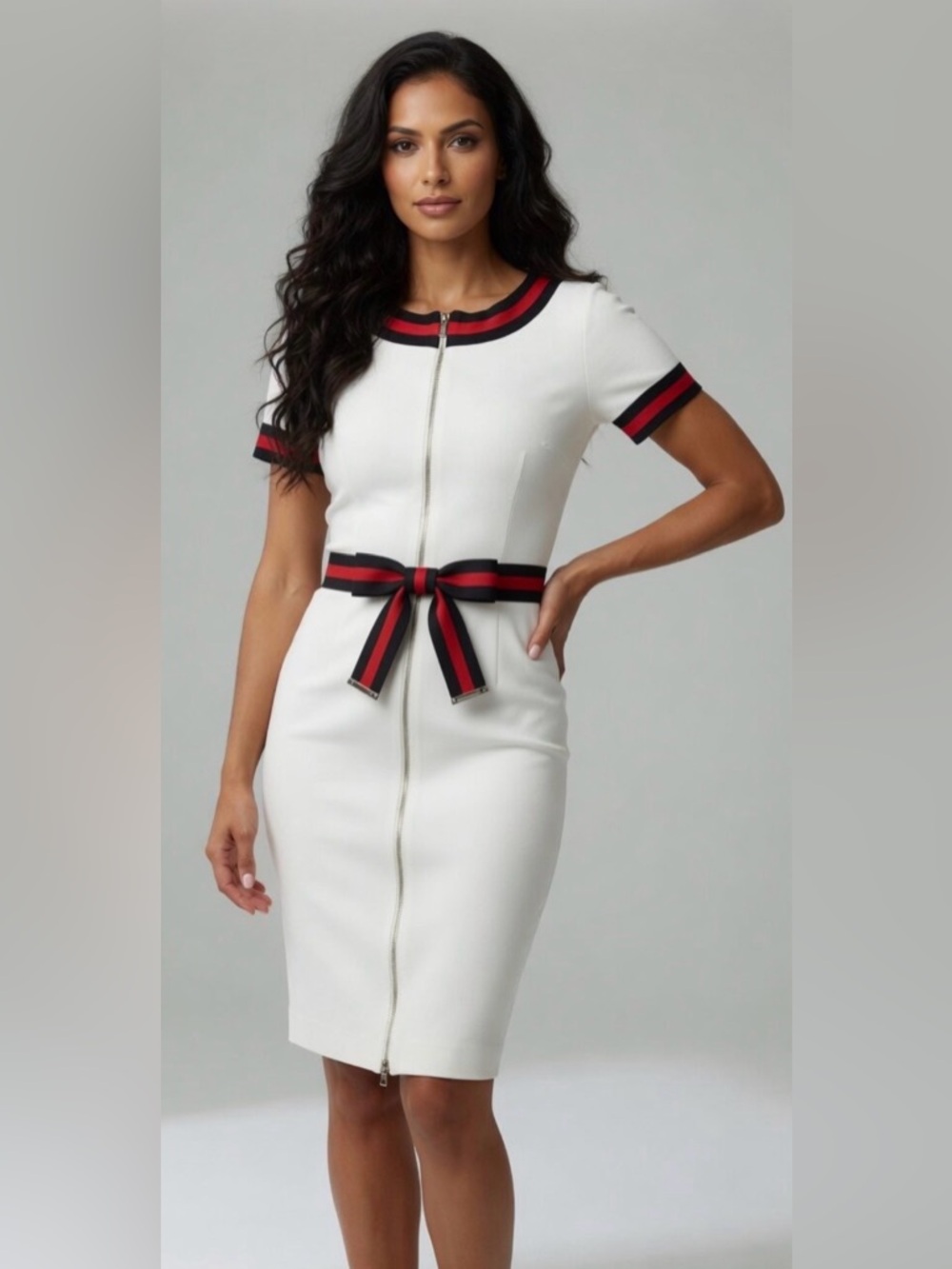 Carolina Herrera White Short-Sleeve Dress with Red & Black Trim